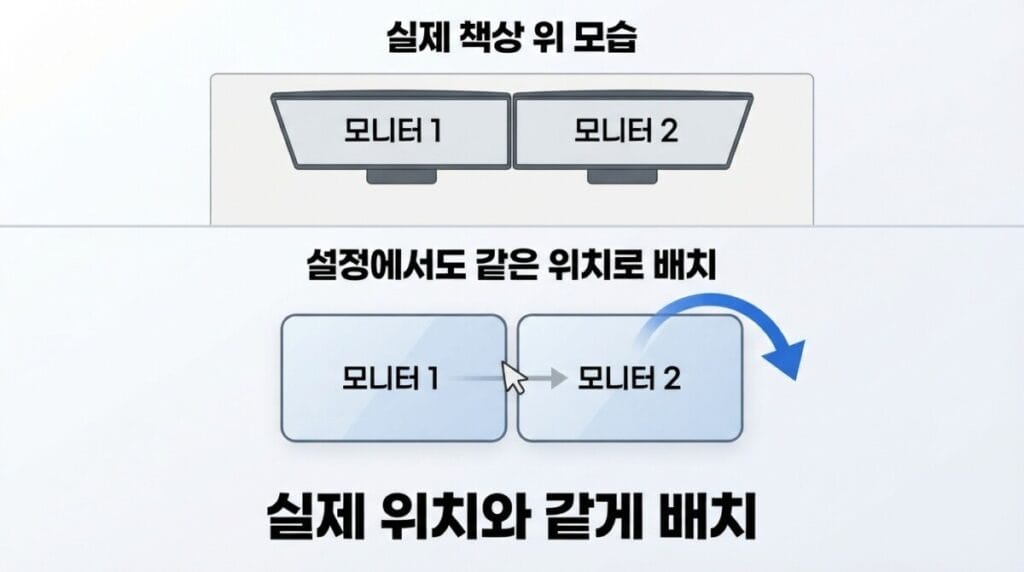 듀얼 모니터 좌우 배치와 커서 이동 설정 Windows 11에서 모니터 좌우 위치와 높이를 맞춰 커서 이동을 설정하는 방법