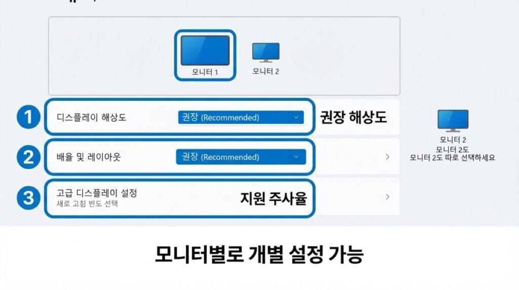 모니터별 해상도 배율 주사율 설정 Windows 11에서 모니터별 해상도 배율 주사율을 각각 설정하는 화면