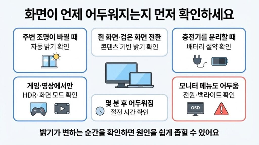 모니터 화면 어두워짐 증상 구분 모니터 화면이 어두워지는 상황별 원인과 확인 위치 비교