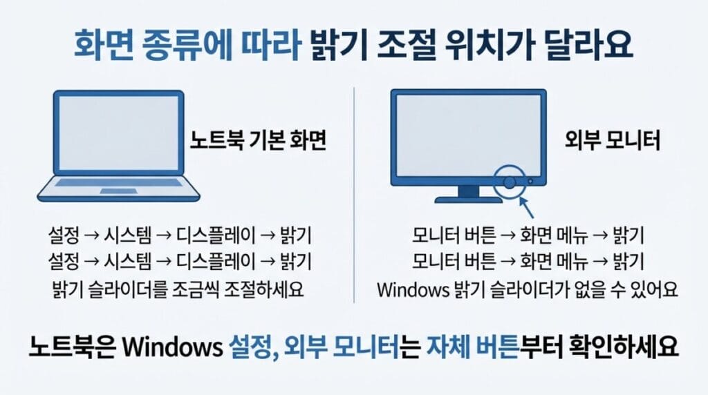 Windows와 외부 모니터 밝기 조절 위치 Windows 11 노트북 밝기 설정과 외부 모니터 OSD 밝기 조절 위치