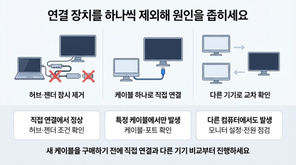 모니터 전원 케이블과 다른 기기 교차 테스트 모니터 화면 어두워짐 원인을 확인하는 직접 연결과 다른 기기 교차 테스트
