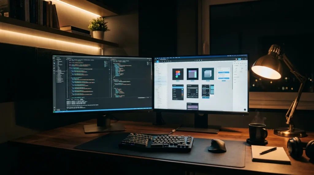 Samsung ViewFinity S8 4K 모니터 야간 듀얼 셋업 예시 씬