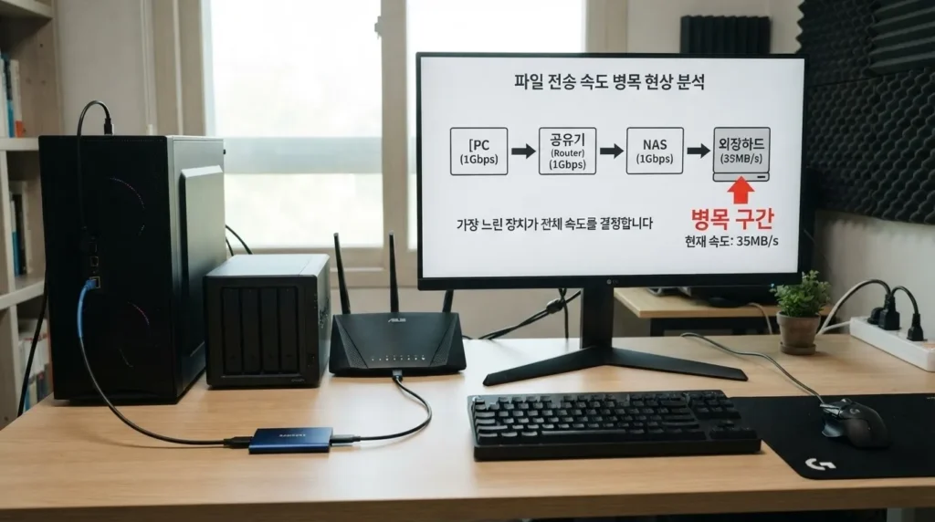 내부망 파일 전송 속도 병목 내부망 속도 측정 가장 느린 구간이 파일 전송 속도를 결정하는 구조