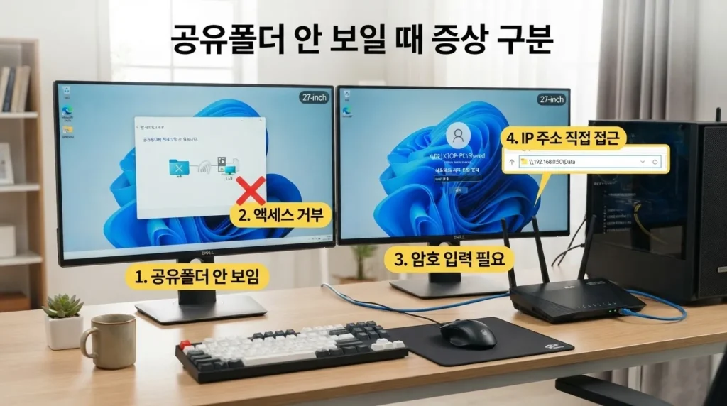 PC 네트워크 공유폴더 증상 구분 PC 네트워크 공유폴더가 안 보이는 증상 구분 화면
