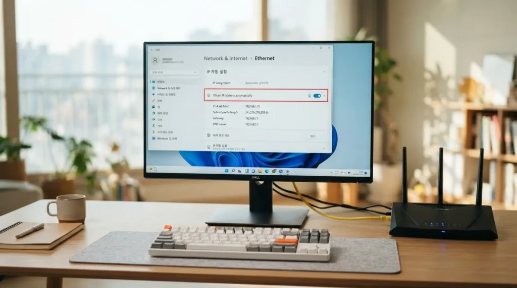 IP 자동 설정 확인 PC 인터넷 연결 안됨 IP 자동 설정 확인 화면