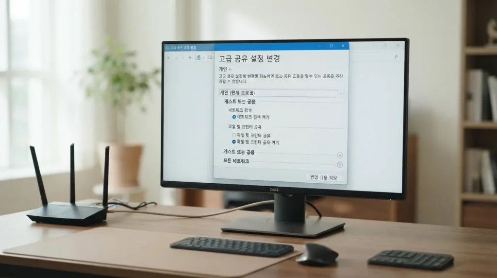 네트워크 검색과 파일 및 프린터 공유 네트워크 검색 켜기와 파일 및 프린터 공유 설정 화면