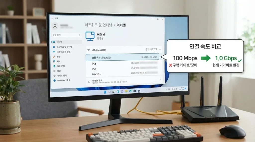 윈도우 11 이더넷 링크 속도 확인 윈도우 11 네트워크 속도 확인 이더넷 링크 속도 화면