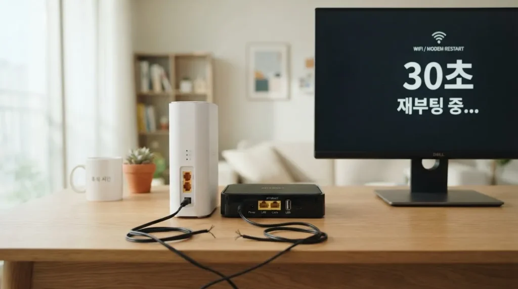 공유기와 모뎀 재부팅으로 PC 네트워크 연결 안됨 확인