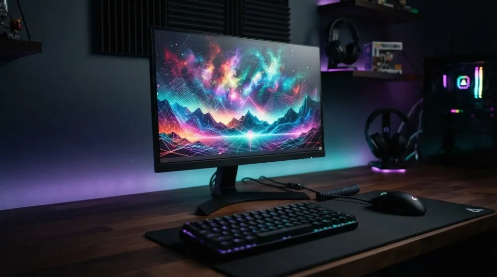 Samsung Odyssey G4 S25BG400 25인치 240Hz 게이밍 모니터가 놓인 어두운 톤 게이밍 데스크 히어로 컷