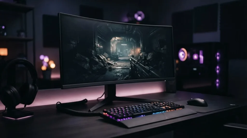 한성컴퓨터 TFG32F24V2 32인치 FHD 240Hz 커브드 게이밍 모니터 책상 정면 히어로 컷