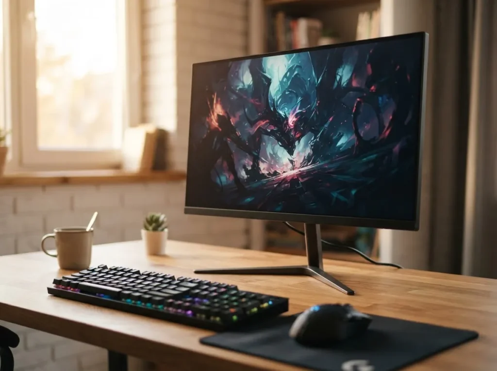 한성컴퓨터 TFG27F14P2 27인치 FHD 144Hz 게이밍 모니터가 놓인 책상 정면 히어로 컷