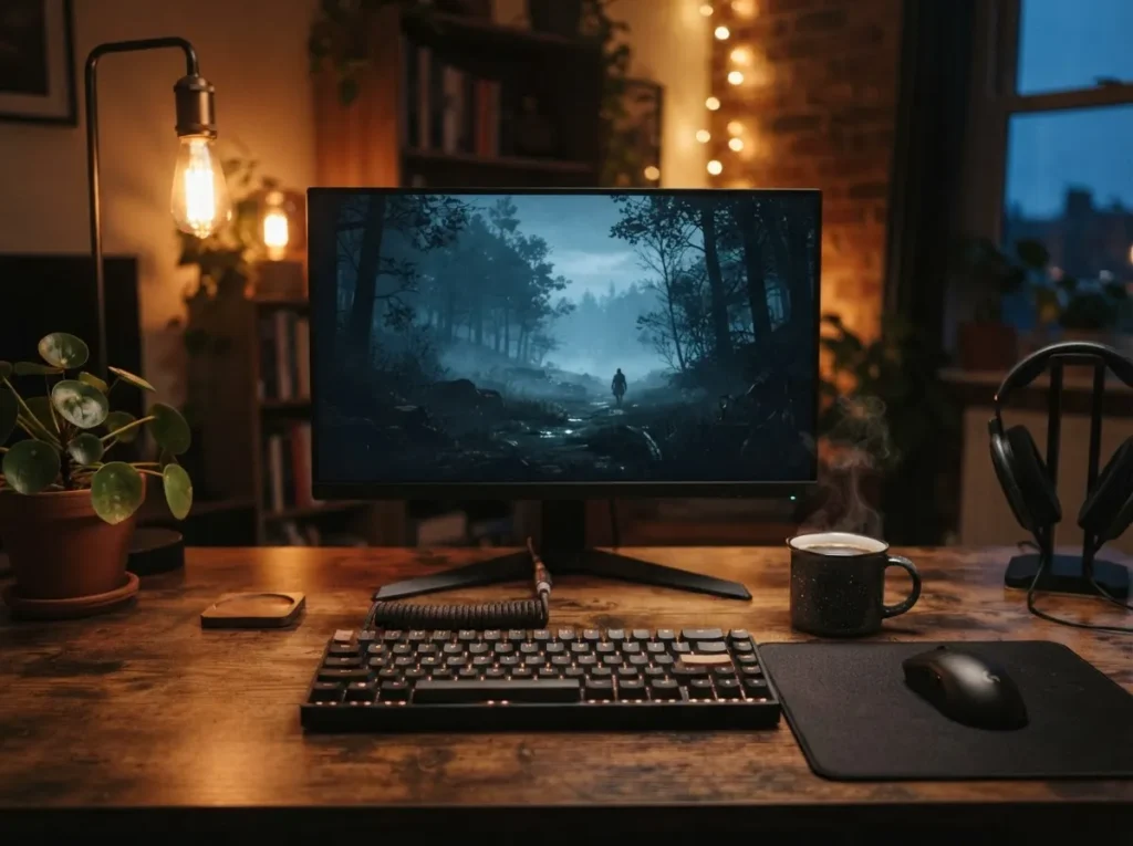 TCL 25G64 미니LED 모니터로 저녁에 게임을 즐기는 라이프스타일 예시