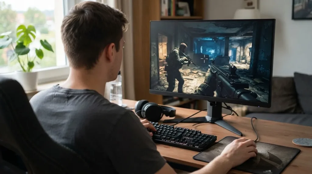 삼성 오디세이 G4 25인치 FHD 240Hz 게이밍 모니터로 발로란트 스타일 FPS 게이밍 플레이하는 홈 데스크 라이프스타일