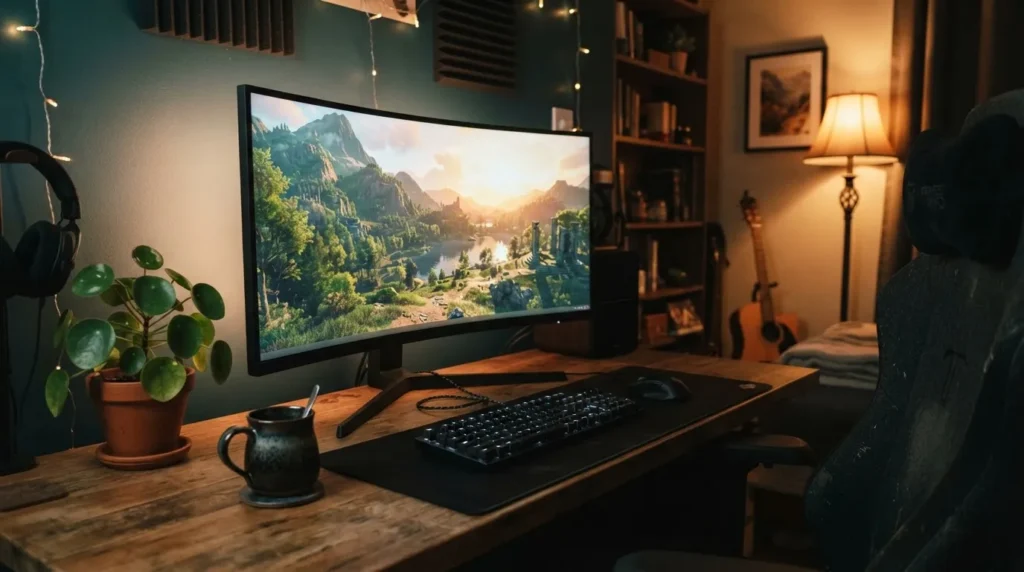 LG 32GS60QC 커브드 모니터가 놓인 실제 게이밍 라이프스타일 책상