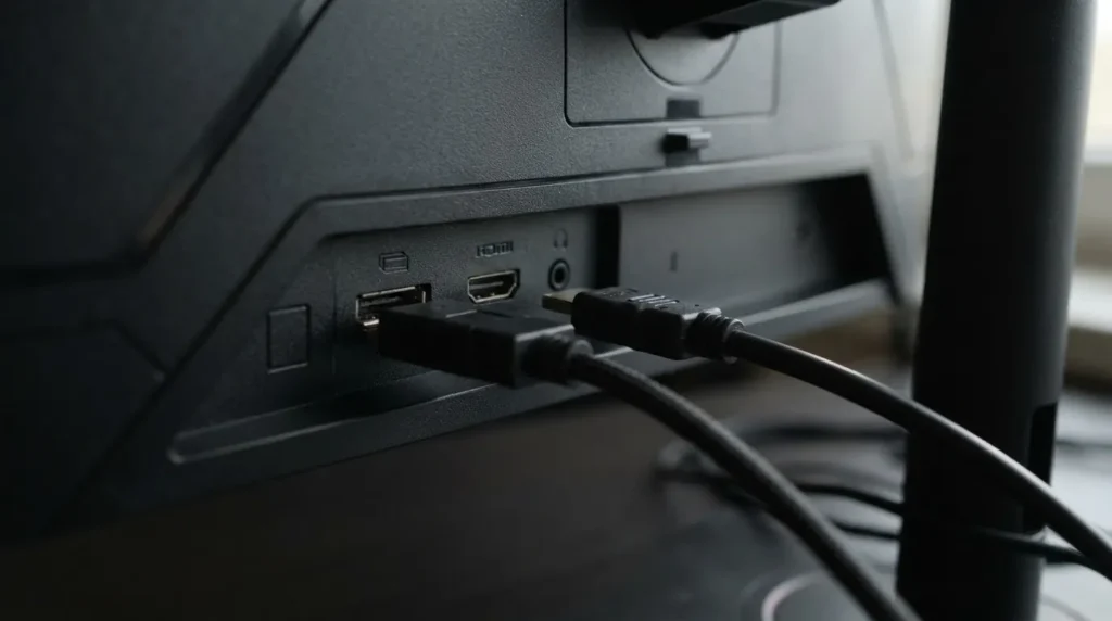 27인치 게이밍 모니터 후면 HDMI DisplayPort 헤드폰 포트 디테일 매크로 컷