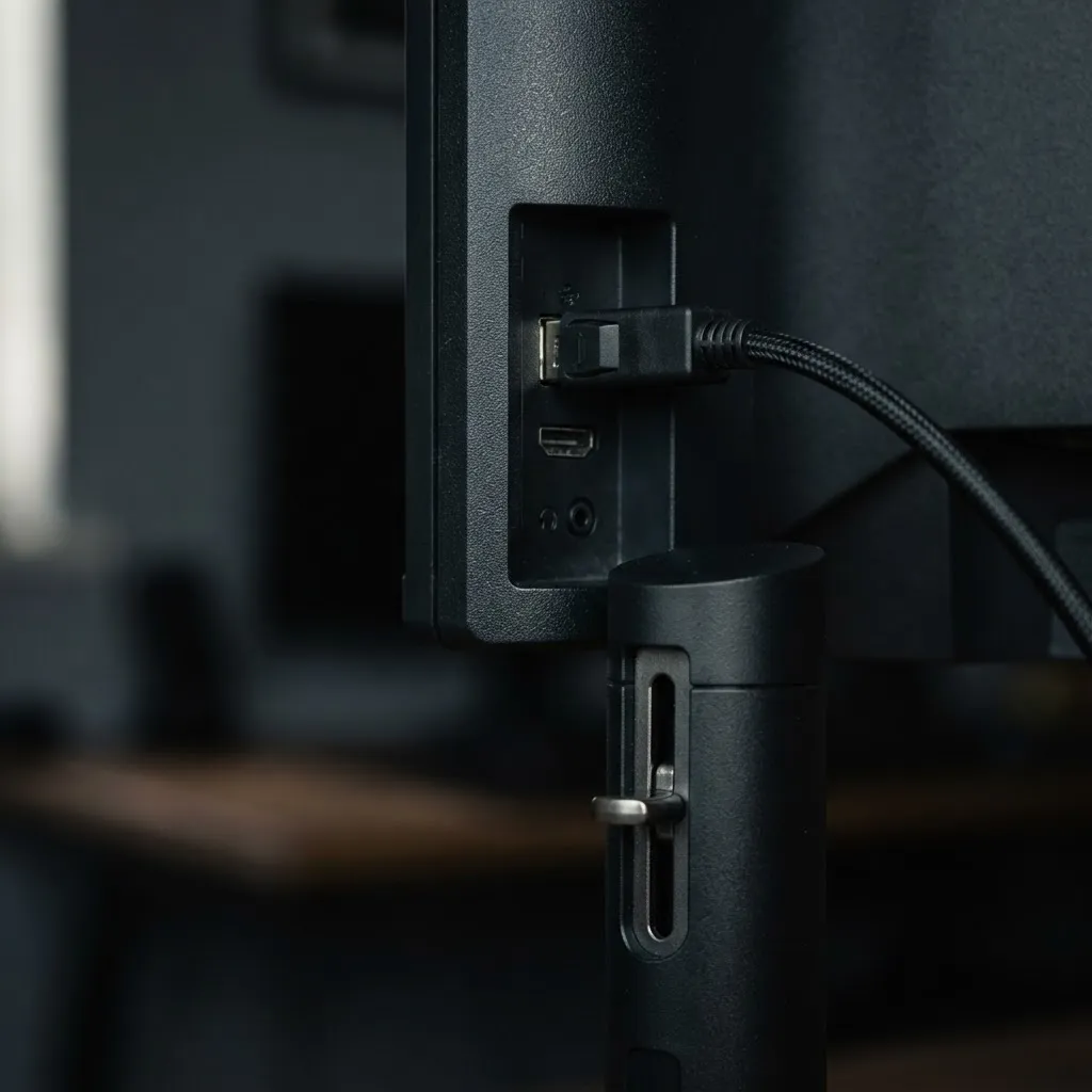 27인치 QHD 게이밍 모니터 후면 DisplayPort HDMI 포트 및 높이조절 스탠드 매크로 컷