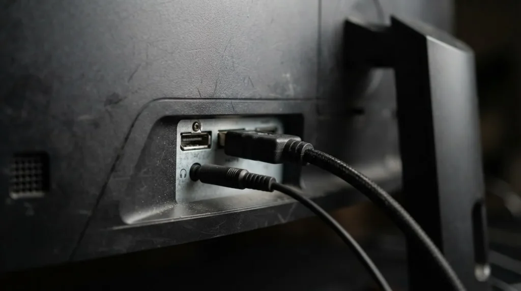 32GS60QC 후면 DisplayPort HDMI 포트 매크로 클로즈업 디테일