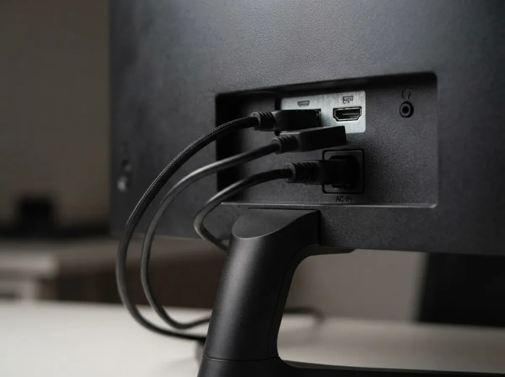 한성 TFG27F14P2 후면 HDMI·DP 포트와 스탠드 디테일 매크로 컷