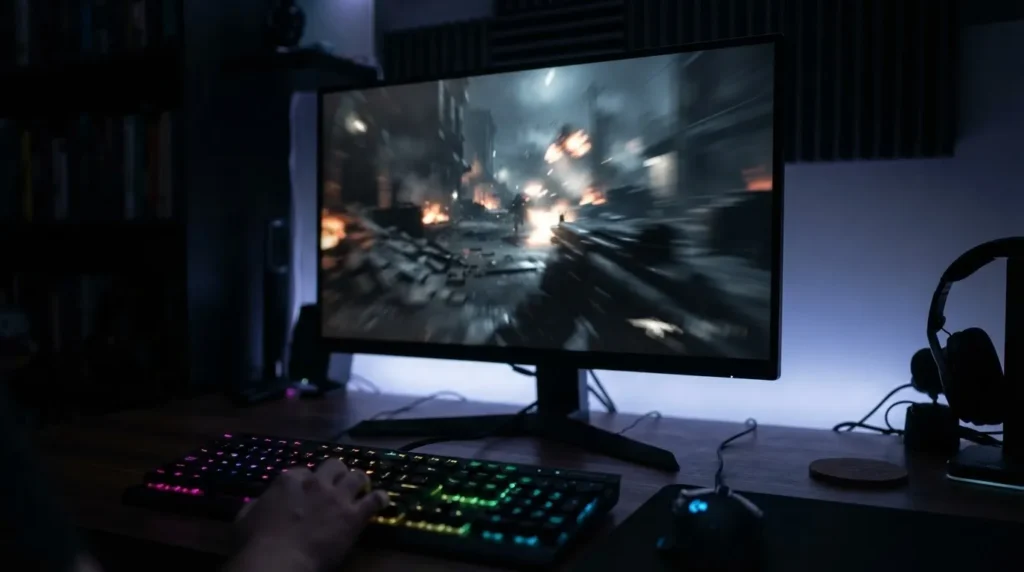 27인치 180Hz 게이밍 모니터로 야간 FPS 게임을 즐기는 실제 사용 환경 예시