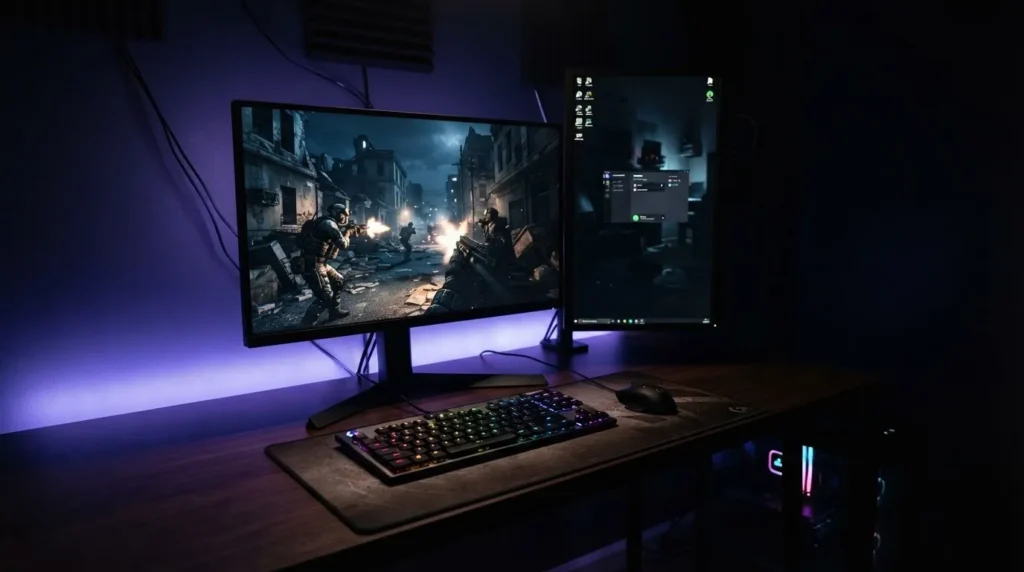 Samsung Odyssey G4 S25BG400 게이밍 모니터를 야간 어두운 방에서 듀얼 셋업으로 FPS 플레이하는 25인치 240Hz 게이밍 씬