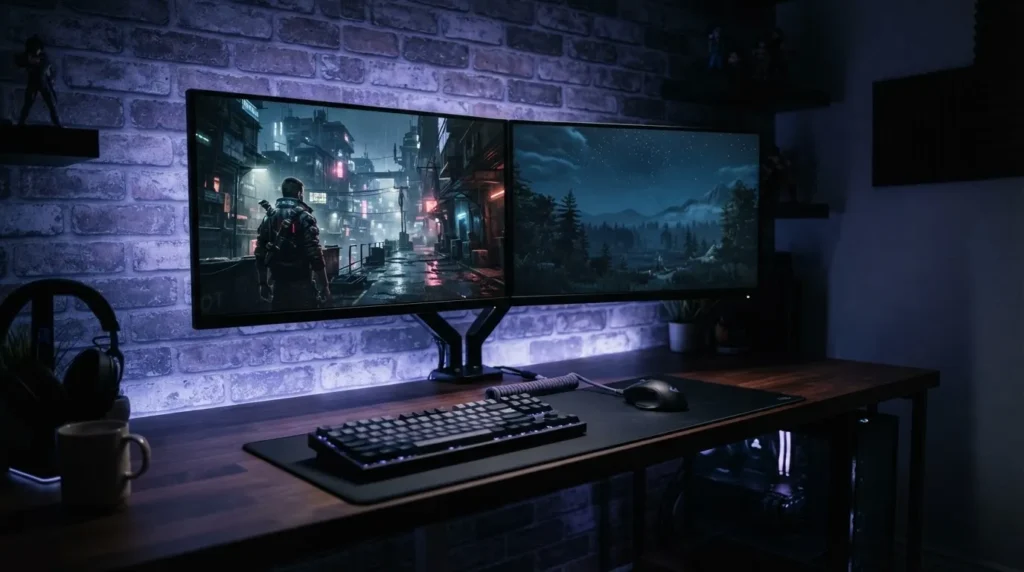 TFG27F14P2 144Hz 듀얼 모니터 야간 게이밍 셋업 예시 장면
