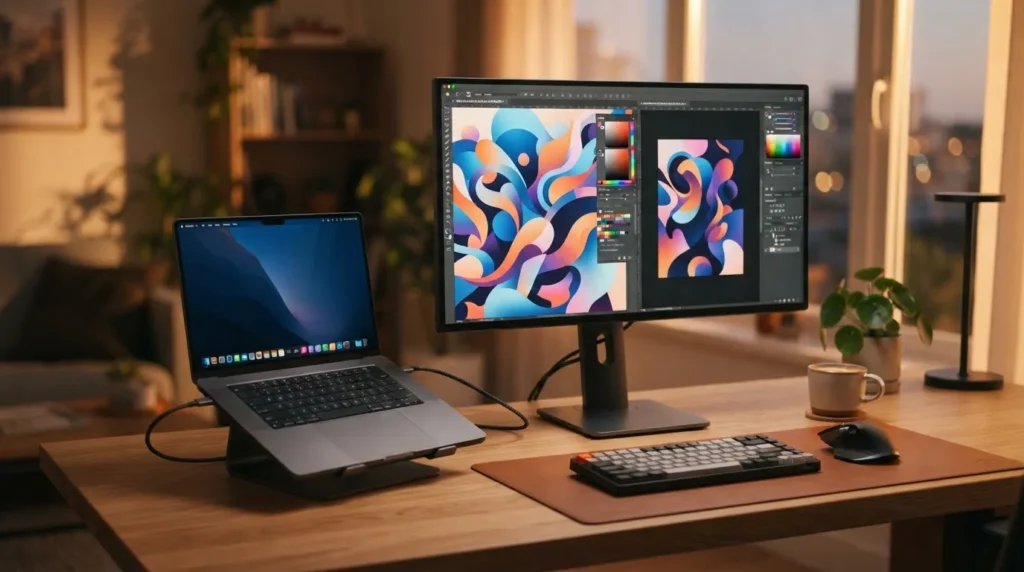 27인치 4K 디자이너 모니터 후면 포트 USB-C HDMI 클로즈업