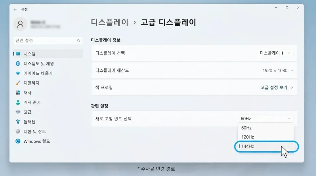 Windows 11 모니터 깜빡거림 해결 고급 디스플레이 주사율 설정