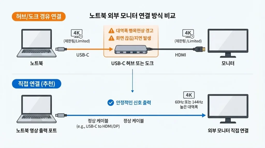 외부 모니터 직접 연결 비교 테스트 노트북 외부 모니터 화면 끊김 원인을 허브와 직접 연결로 비교하는 도식