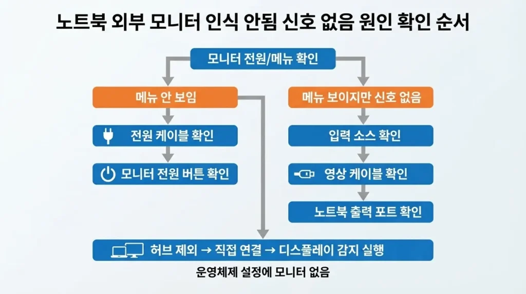 외부 모니터 인식 안됨과 신호 없음 구분 노트북 외부 모니터 인식 안됨 신호 없음 증상 구분 흐름도