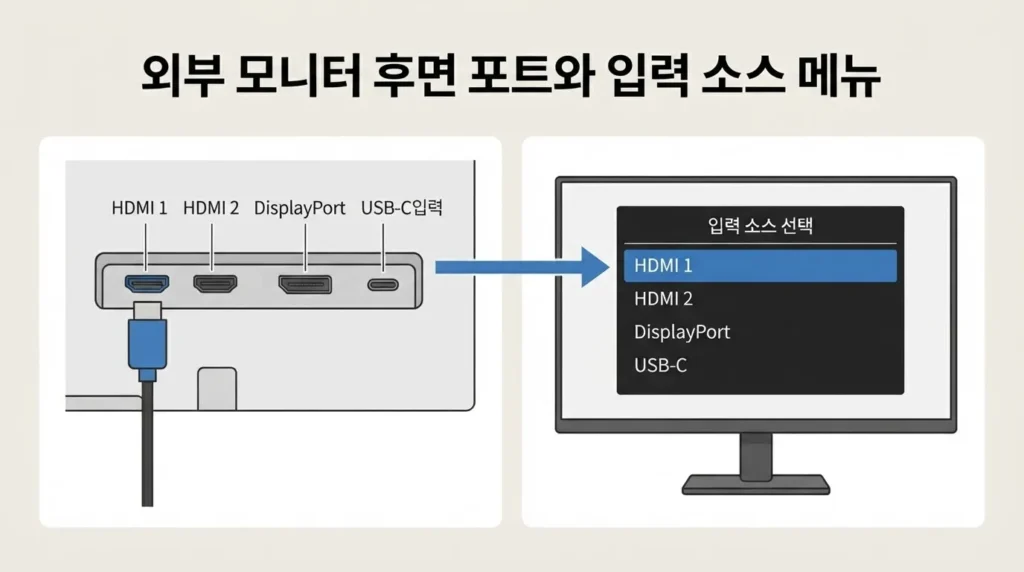 모니터 신호 없음 입력 소스 확인 외부 모니터 HDMI 1 HDMI 2 DisplayPort USB-C 입력 소스 확인