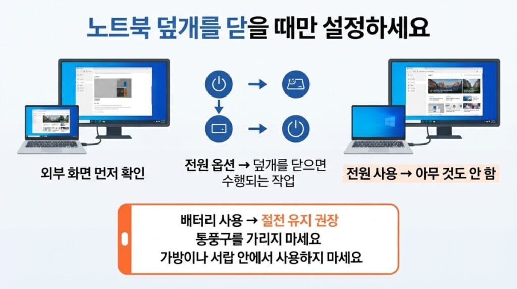 노트북 덮개 닫기 동작 설정 노트북 덮개를 닫아도 외부 모니터 화면이 꺼지지 않게 설정하는 방법