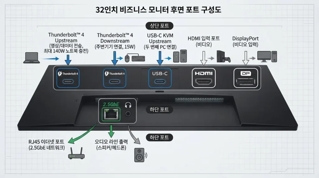 Dell U3225QE 포트별 기능 구분 델 모니터 설정을 위한 Dell U3225QE Thunderbolt 4와 KVM 업스트림 포트 구분