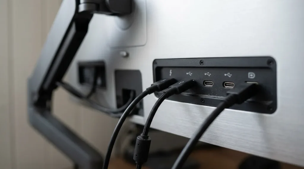 27인치 5K 모니터 후면 Thunderbolt 4 USB-C 포트 클로즈업 디테일