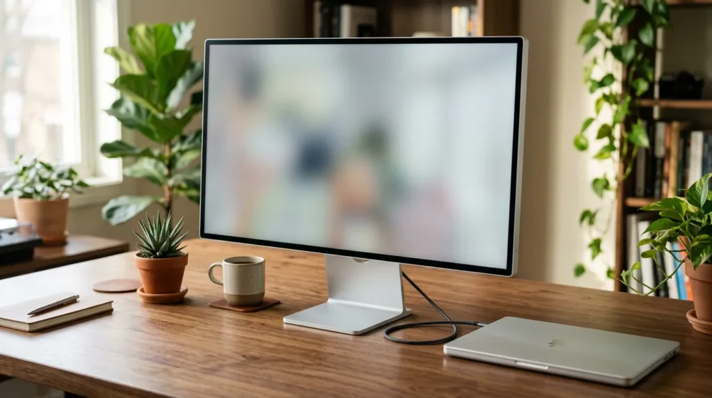 Samsung ViewFinity S9 27인치 5K 모니터가 놓인 원목 책상 히어로 이미지