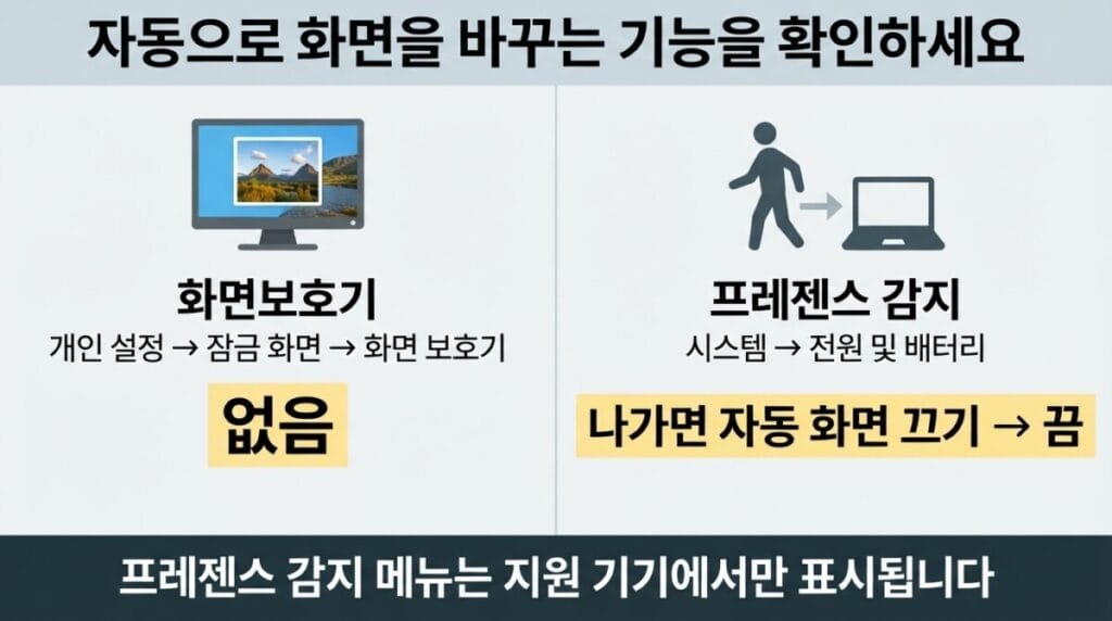 화면보호기와 프레즌스 감지 끄기 Windows 화면보호기 없음과 프레즌스 감지 자동 화면 끄기 해제 방법