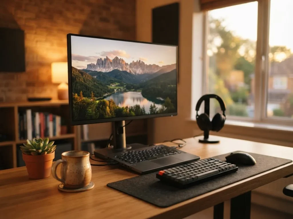 저녁 시간대 홈 게이밍 데스크에 놓인 27인치 4K 미니 LED 모니터