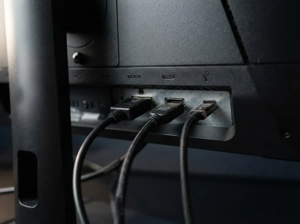 TCL 4K QD Mini LED 모니터의 HDMI DisplayPort USB-C 포트 클로즈업