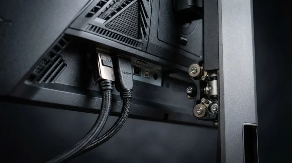 300Hz 게이밍 모니터의 HDMI와 DisplayPort 케이블 연결부를 보여주는 근접 장면