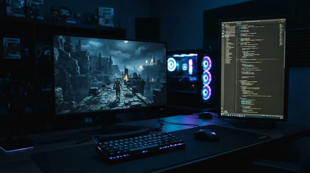 야간 듀얼 모니터 게이밍 환경에서 사용 중인 27인치 4K QD Mini LED 화면