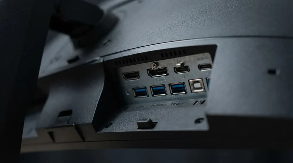 리전 27Q-11 후면 포트 HDMI 2.1 DisplayPort USB Type-C 상세 클로즈업
