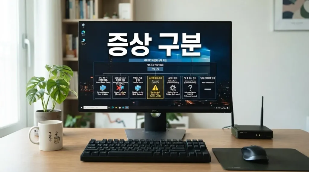 네트워크 어댑터 상태 구분 PC 네트워크 어댑터 사라짐 상태를 장치 관리자 아이콘별로 구분하는 화면