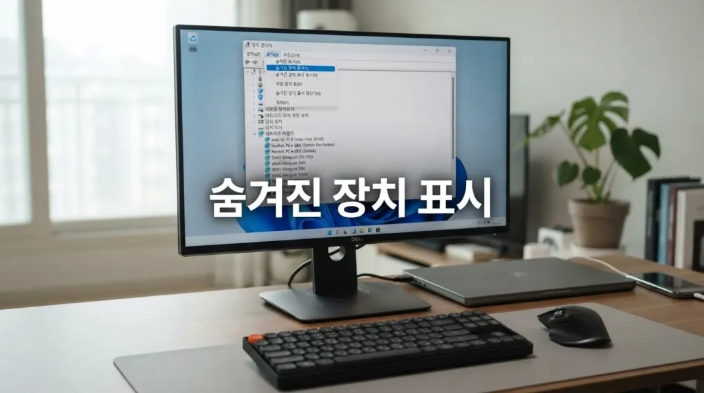 장치 관리자 숨겨진 장치 표시 장치 관리자 네트워크 어댑터 없음 상태에서 숨겨진 장치 표시를 여는 화면