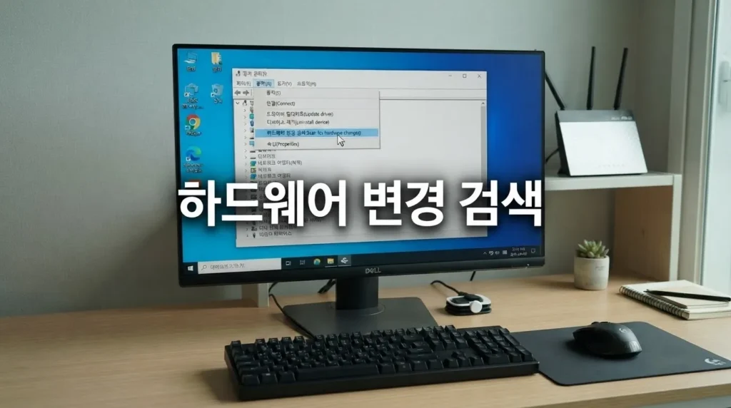 하드웨어 변경 사항 검색 네트워크 어댑터 사라짐 문제에서 하드웨어 변경 사항 검색을 실행하는 장치 관리자 화면