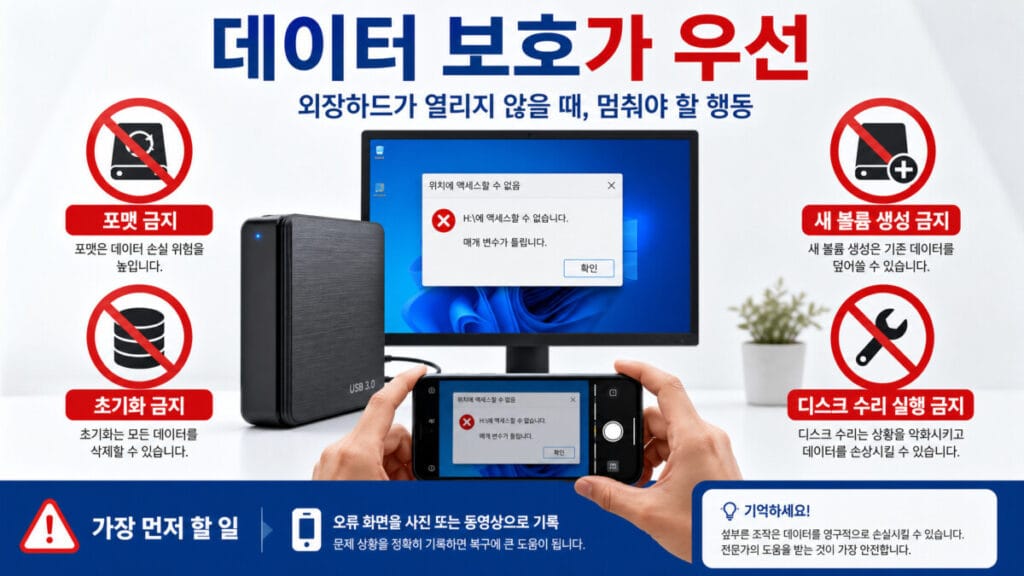 외장하드가 열리지 않을 때 포맷과 초기화를 중단하고 오류 화면을 기록하는 순서