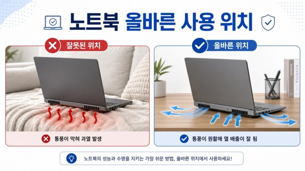 노트북 통풍구가 막히지 않는 사용 위치 노트북 발열 심할 때 침대 대신 단단한 책상 위에 놓아 통풍구를 확보하는 방법