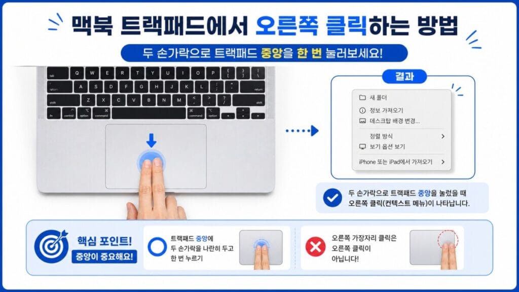 맥북 트랙패드를 두 손가락으로 눌러 오른쪽 클릭하는 모습