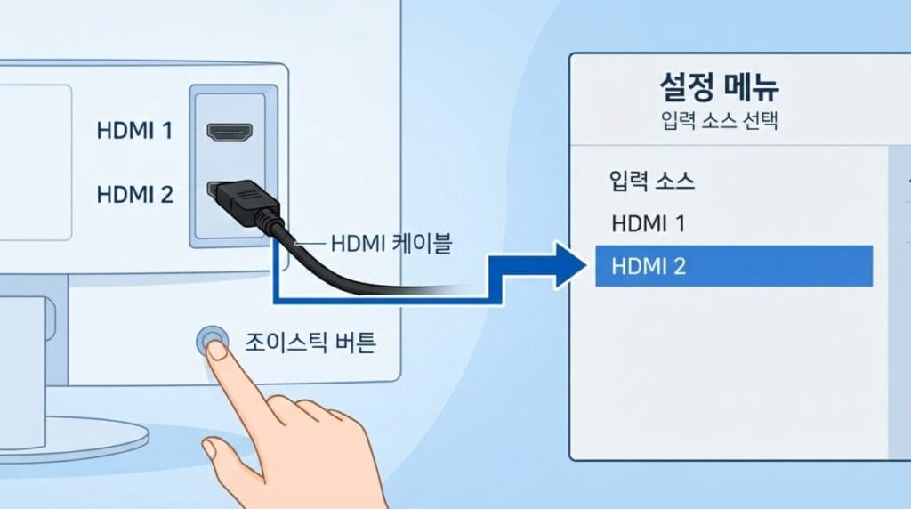 HDMI 케이블 바꿨는데도 모니터 화면 안 나올 때 모니터 메뉴에서 HDMI 입력 소스를 선택하는 위치