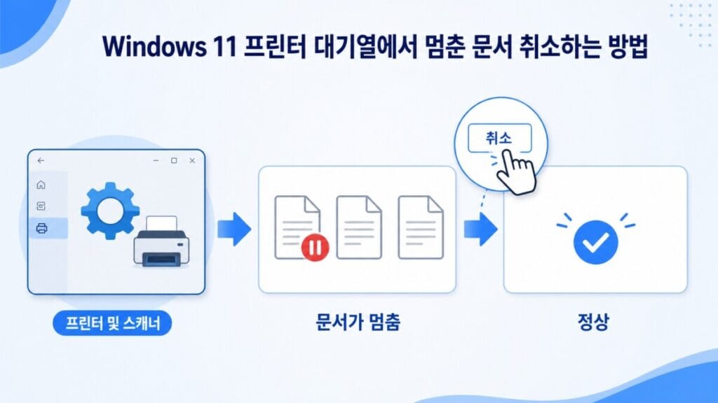 프린터 인쇄 대기열 문서 취소 Windows 11 프린터 인쇄 대기열에서 멈춘 문서를 선택하고 취소하는 위치