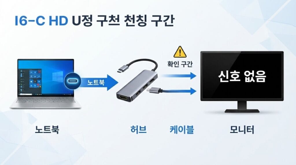 USB-C 허브 모니터 연결 구조 노트북 USB-C 단자에서 허브와 HDMI 케이블을 거쳐 모니터로 화면 신호가 전달되는 순서
