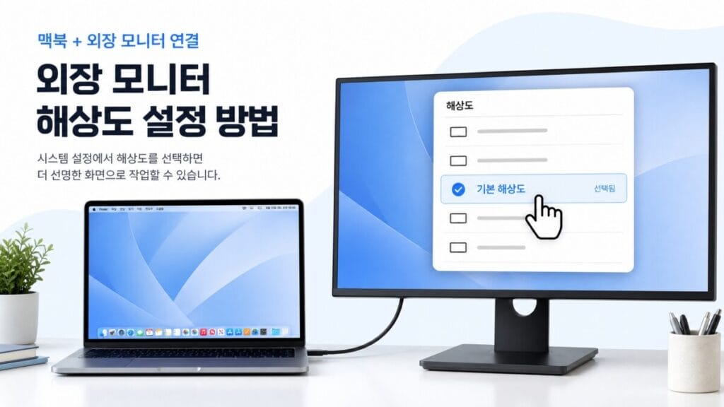 맥북 외장 모니터 기본 해상도 설정 맥북 외장 모니터 글자 흐림 해결을 위해 디스플레이 설정에서 외장 화면과 기본 해상도를 선택하는 위치